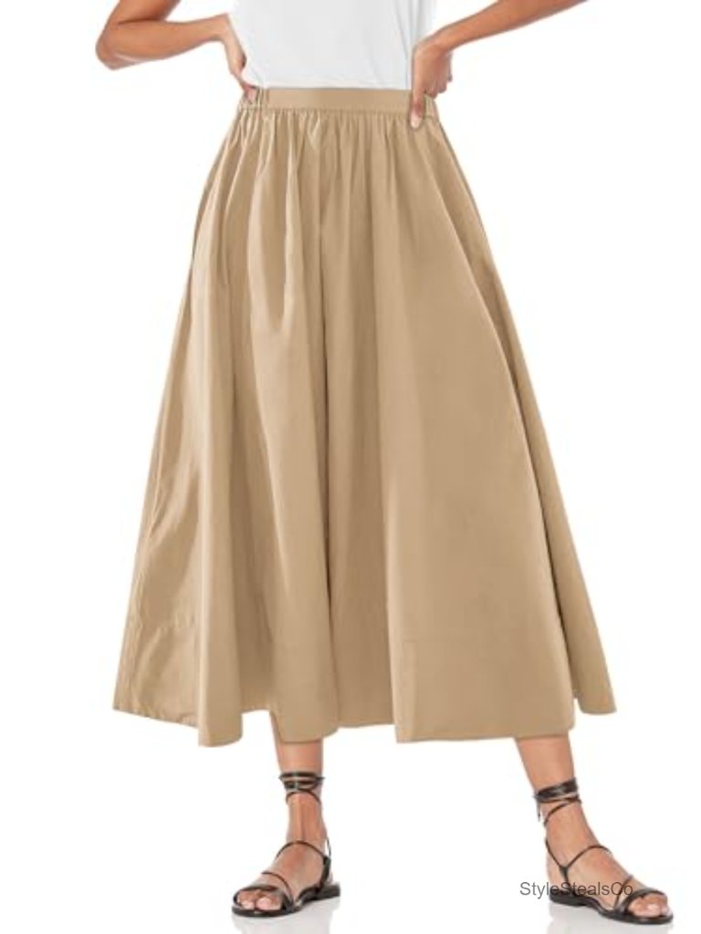 Women's High Waist A-Line Midi Skirt Flowy Pleated With Pockets